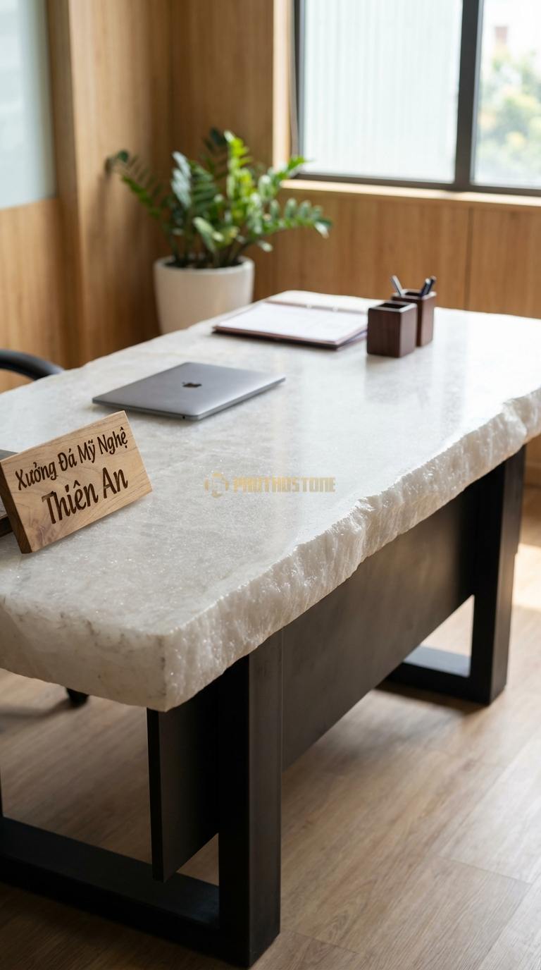 Bàn Làm Việc & Bàn Giám Đốc Bằng Đá Đá Trắng Muối Lãnh Đạo: Mặt đá vuông vức, chân kim loại bản lớn chắc chắn 180cm x 85cm x 76cm