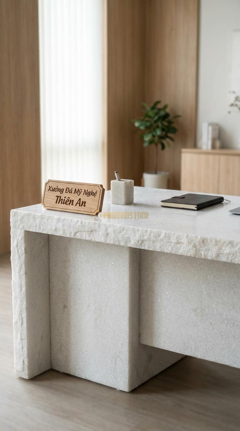 Bàn Làm Việc & Bàn Giám Đốc Bằng Đá Đá Trắng Muối Monolith: Bàn được ghép từ các tấm đá lớn như một khối đá đặc 180cm x 80cm x 75cm