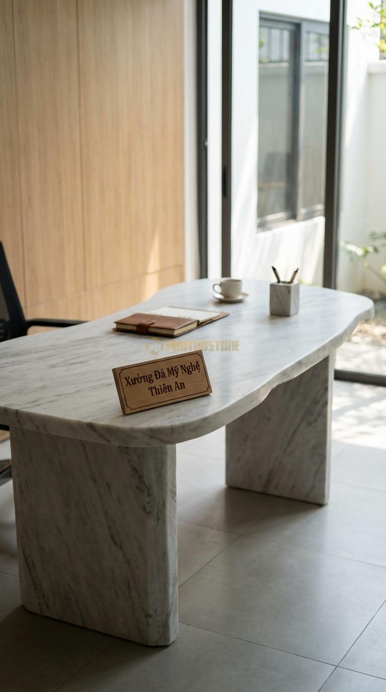 Bàn Làm Việc & Bàn Giám Đốc Bằng Đá Đá Trắng Yên Bái Art Desk: Mặt đá cắt theo hình khối nghệ thuật không đối xứng 130cm x 65cm x 75cm