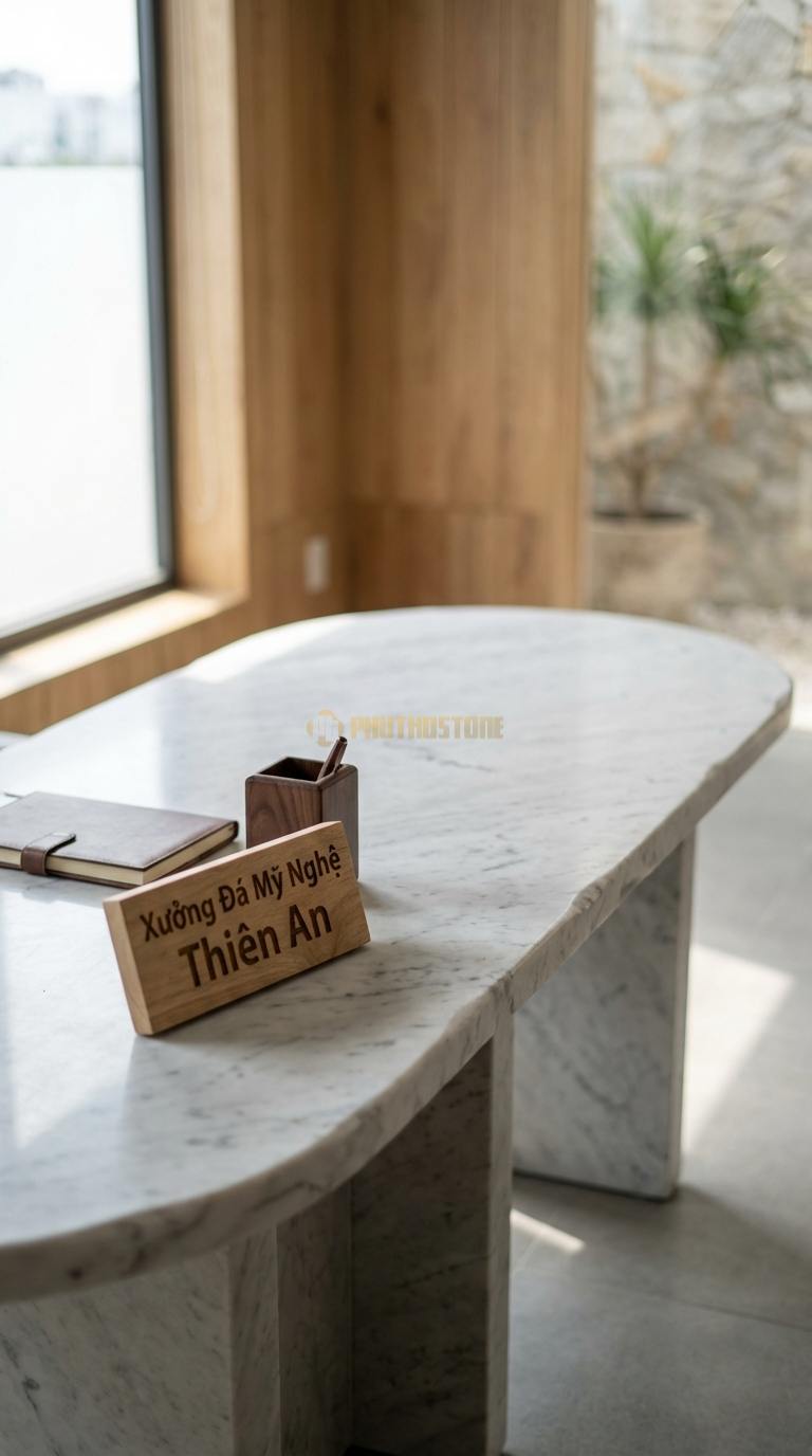 Bàn Làm Việc & Bàn Giám Đốc Bằng Đá Đá Trắng Yên Bái Bàn Ký: Mặt đá oval nhỏ gọn cho phòng tiếp khách 120cm x 60cm x 75cm