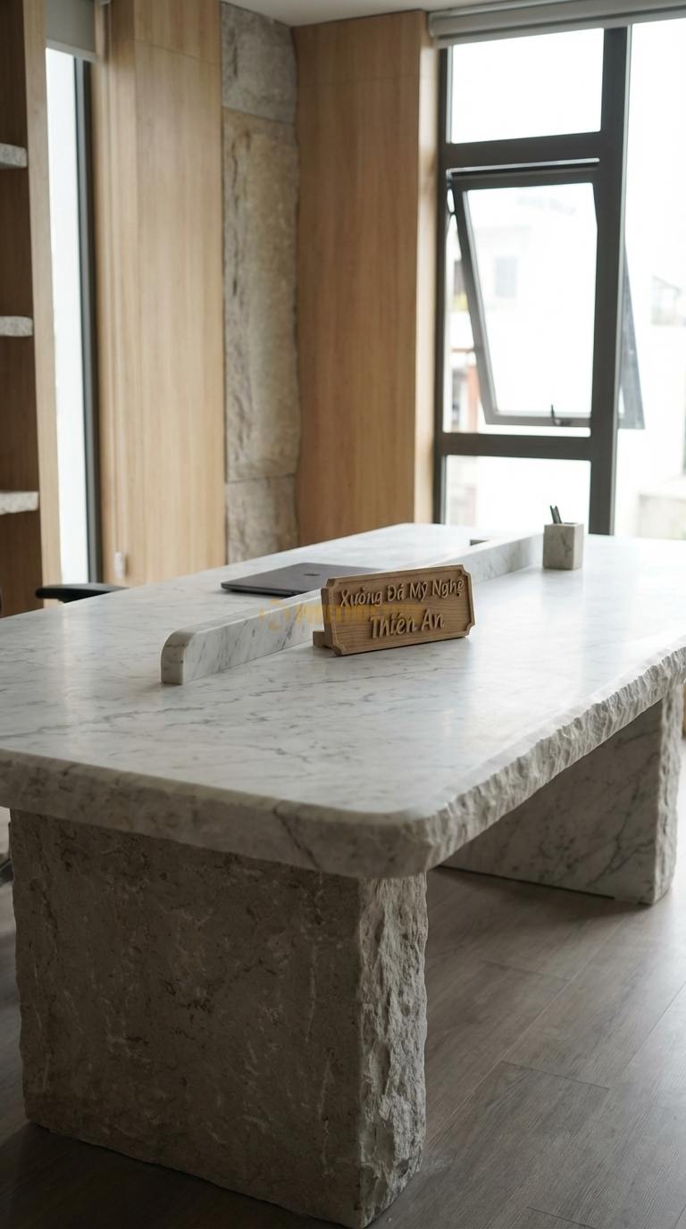 Bàn Làm Việc & Bàn Giám Đốc Bằng Đá Đá Trắng Yên Bái Bàn Làm Việc Đôi: Mặt đá dài cho 2 người ngồi, có vách ngăn đá 240cm x 70cm x 75cm