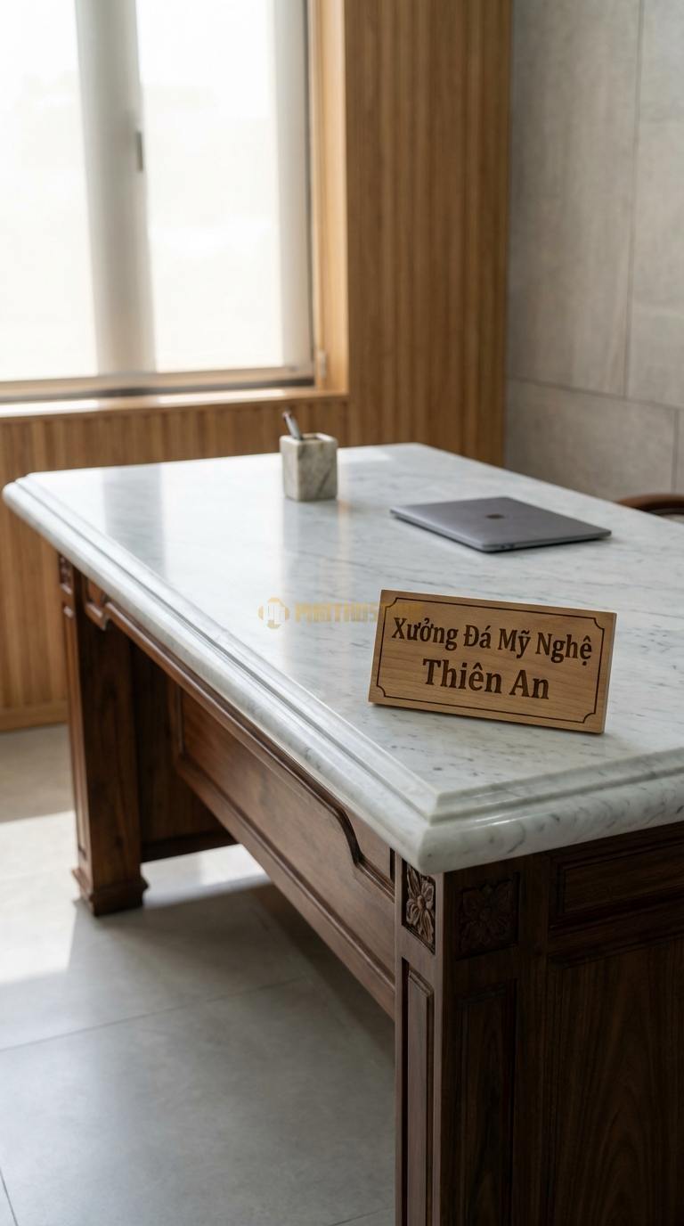 Bàn Làm Việc & Bàn Giám Đốc Bằng Đá Đá Trắng Yên Bái Cổ Điển: Mặt đá bo chỉ kép, chân gỗ chạm khắc thủ công 160cm x 80cm x 75cm