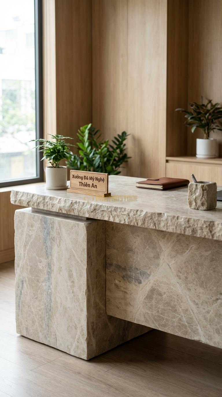 Bàn Làm Việc & Bàn Giám Đốc Bằng Đá Đá Trắng Yên Bái Hi-tech Desk: Mặt đá tích hợp cổng sạc ẩn và quản lý dây điện 150cm x 75cm x 75cm