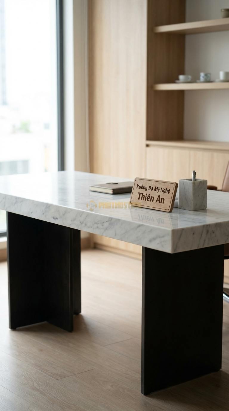 Bàn Làm Việc & Bàn Giám Đốc Bằng Đá Đá Trắng Yên Bái Lãnh Đạo: Mặt đá vuông vức, chân kim loại bản lớn chắc chắn 180cm x 85cm x 76cm