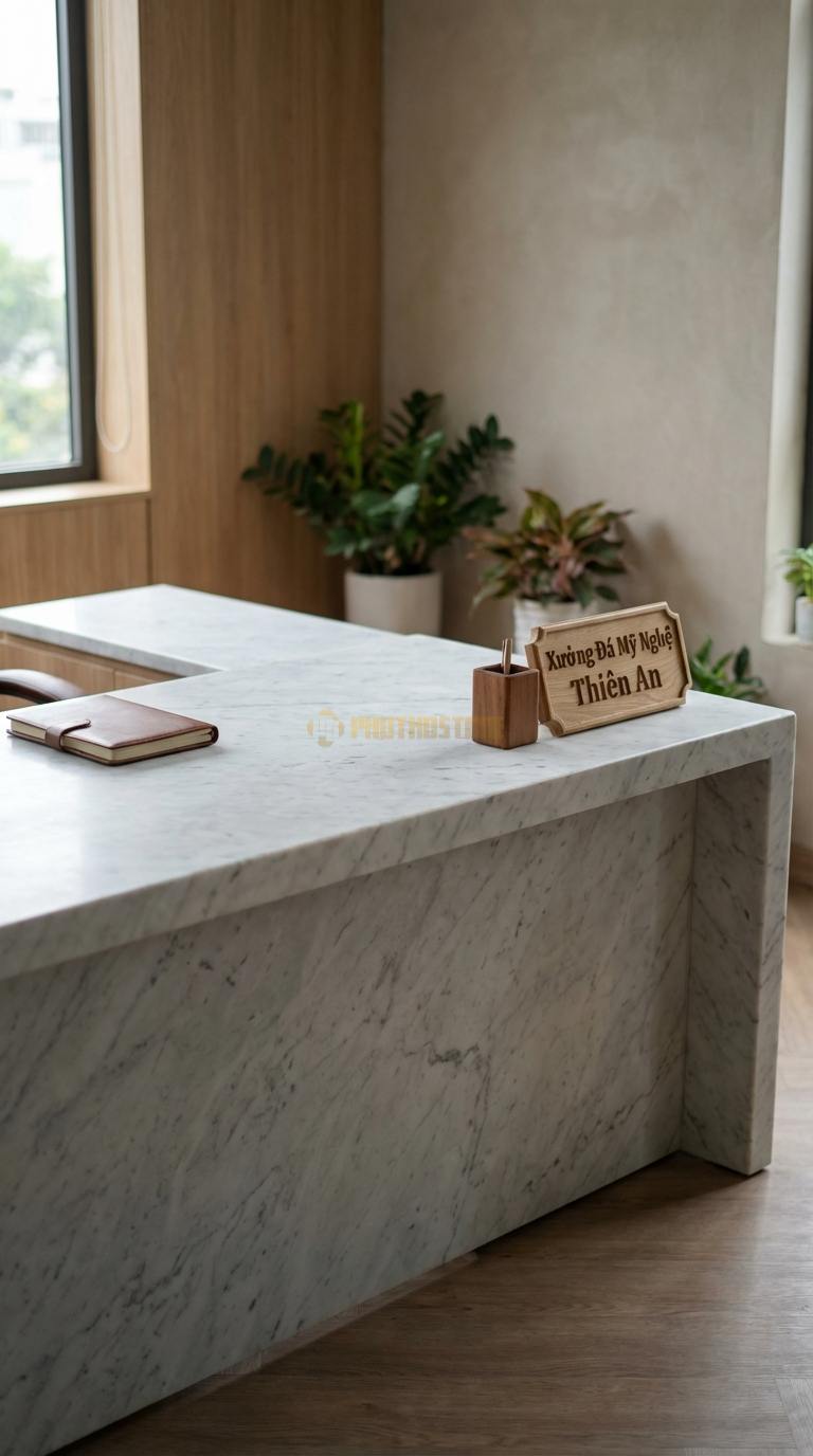 Bàn Làm Việc & Bàn Giám Đốc Bằng Đá Đá Trắng Yên Bái Quyền Lực: Bàn giám đốc chữ L, mặt đá dày che kín mặt trước 200cm x 160cm x 76cm