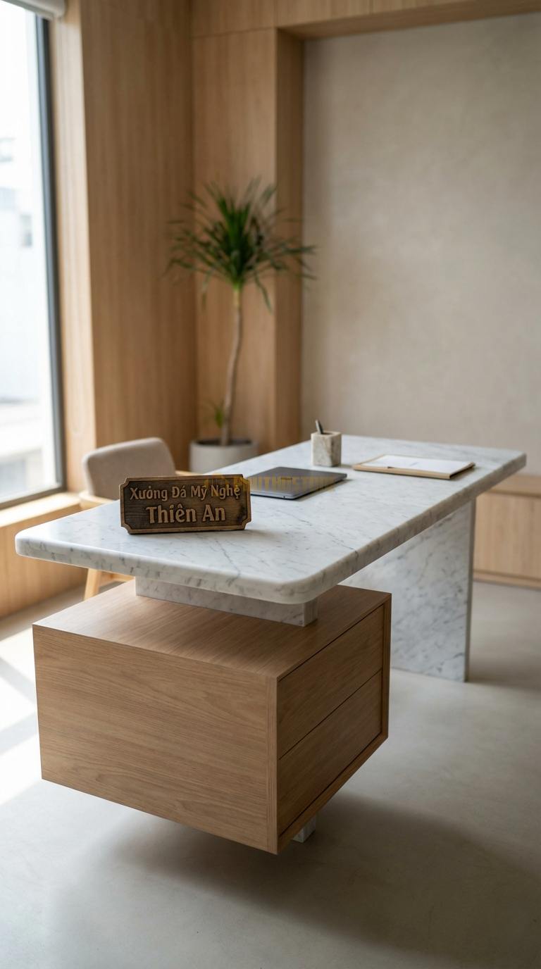 Bàn Làm Việc & Bàn Giám Đốc Bằng Đá Đá Trắng Yên Bái Sáng Tạo: Mặt đá kết hợp hộc ngăn kéo gỗ treo lửng 150cm x 75cm x 75cm