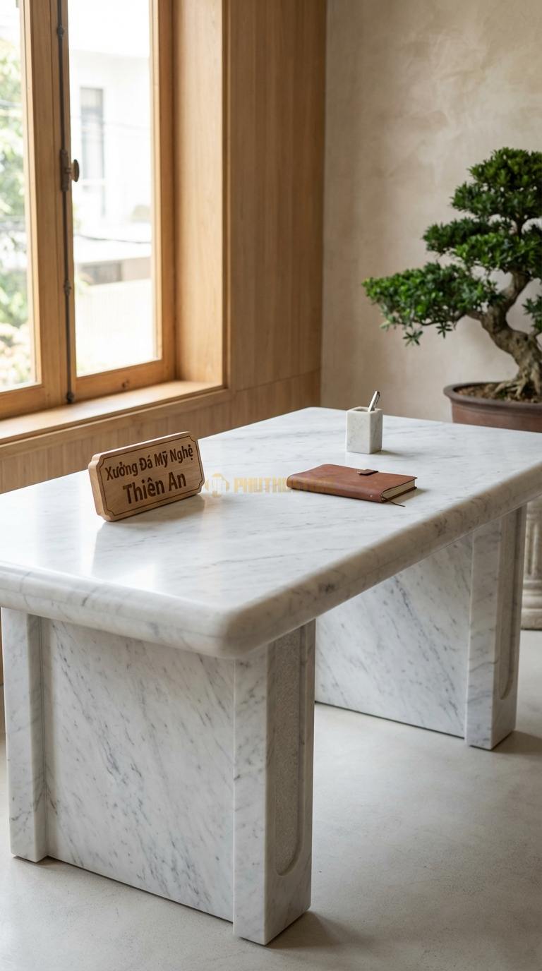 Bàn Làm Việc & Bàn Giám Đốc Bằng Đá Đá Trắng Yên Bái Tĩnh Lặng: Bàn làm việc tối giản, mặt đá đen nhám chân gỗ 140cm x 70cm x 75cm
