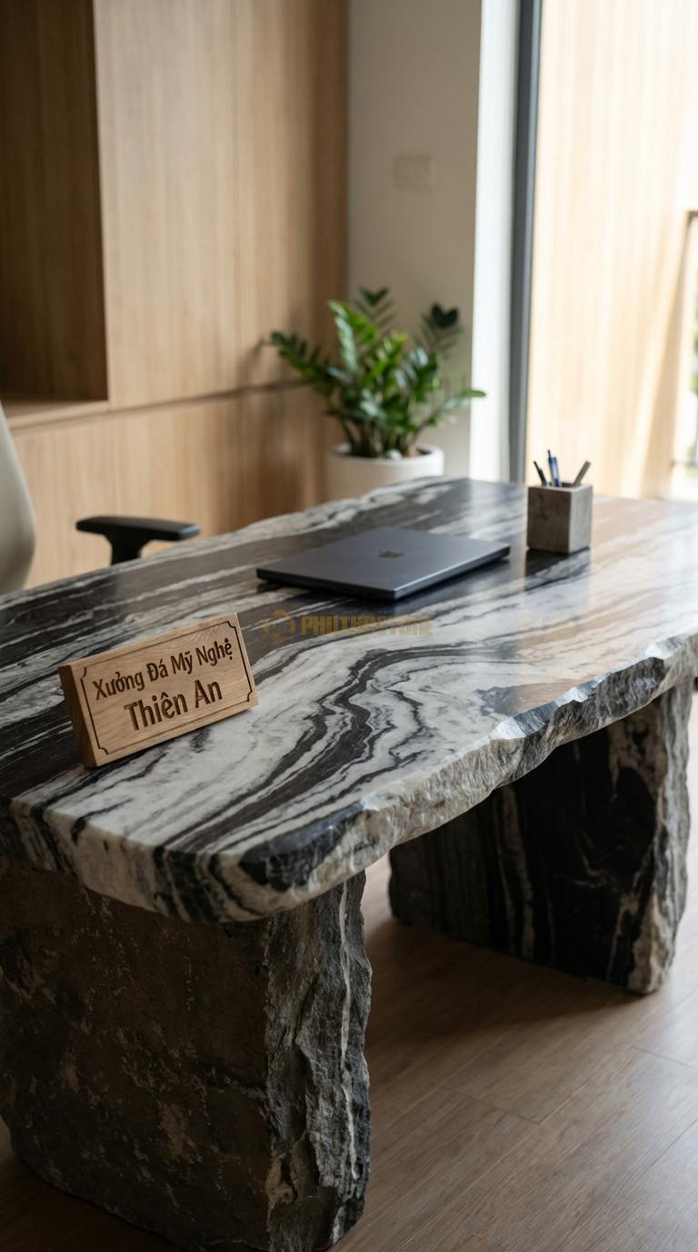 Bàn Làm Việc & Bàn Giám Đốc Bằng Đá Đá Tuyết Sơn Bàn Ký: Mặt đá oval nhỏ gọn cho phòng tiếp khách 120cm x 60cm x 75cm