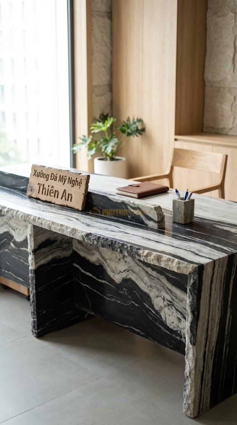 Bàn Làm Việc & Bàn Giám Đốc Bằng Đá Đá Tuyết Sơn Bàn Làm Việc Đôi: Mặt đá dài cho 2 người ngồi, có vách ngăn đá 240cm x 70cm x 75cm