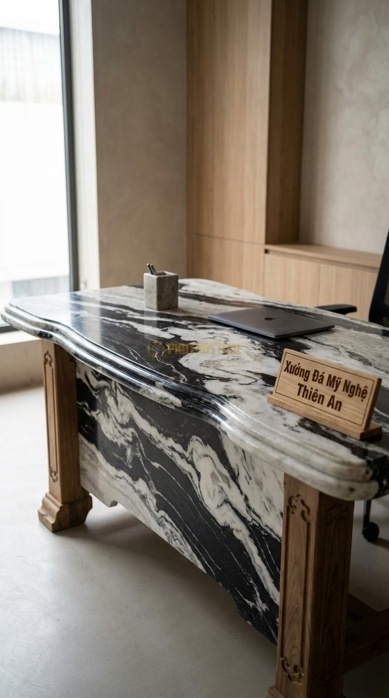 Bàn Làm Việc & Bàn Giám Đốc Bằng Đá Đá Tuyết Sơn Cổ Điển: Mặt đá bo chỉ kép, chân gỗ chạm khắc thủ công 160cm x 80cm x 75cm