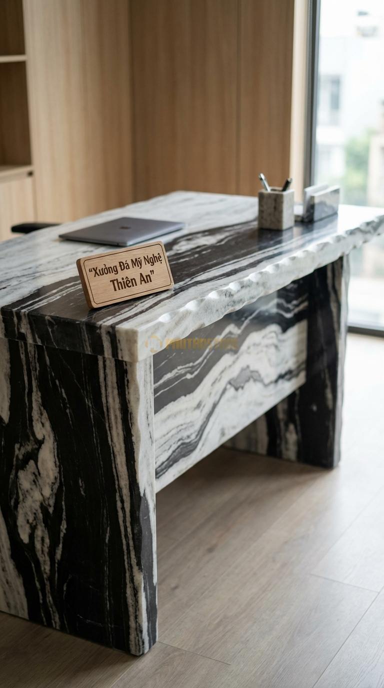 Bàn Làm Việc & Bàn Giám Đốc Bằng Đá Đá Tuyết Sơn Hi-tech Desk: Mặt đá tích hợp cổng sạc ẩn và quản lý dây điện 150cm x 75cm x 75cm