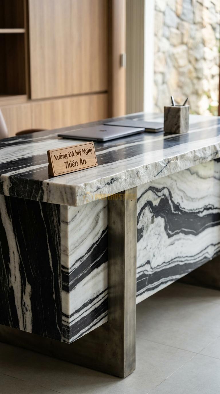 Bàn Làm Việc & Bàn Giám Đốc Bằng Đá Đá Tuyết Sơn Lãnh Đạo: Mặt đá vuông vức, chân kim loại bản lớn chắc chắn 180cm x 85cm x 76cm