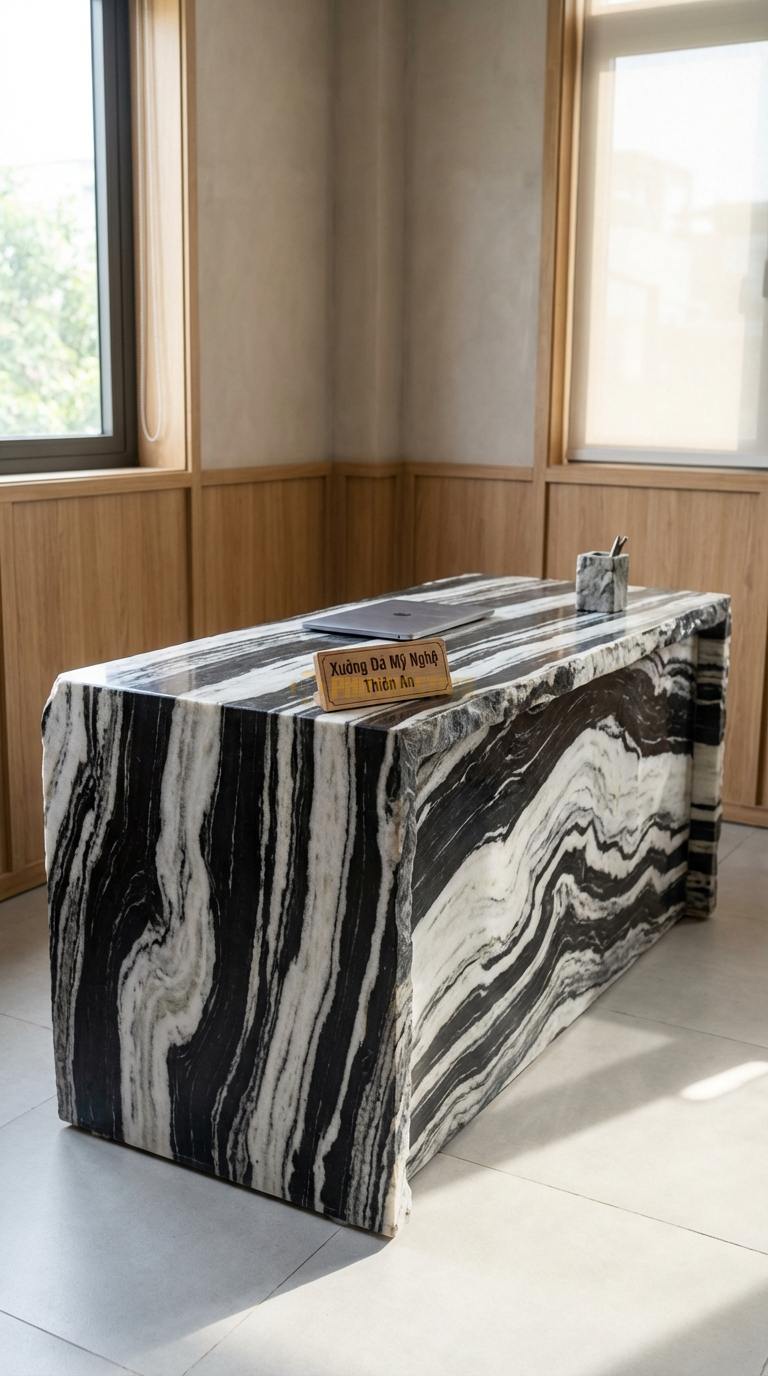 Bàn Làm Việc & Bàn Giám Đốc Bằng Đá Đá Tuyết Sơn Monolith: Bàn được ghép từ các tấm đá lớn như một khối đá đặc 180cm x 80cm x 75cm