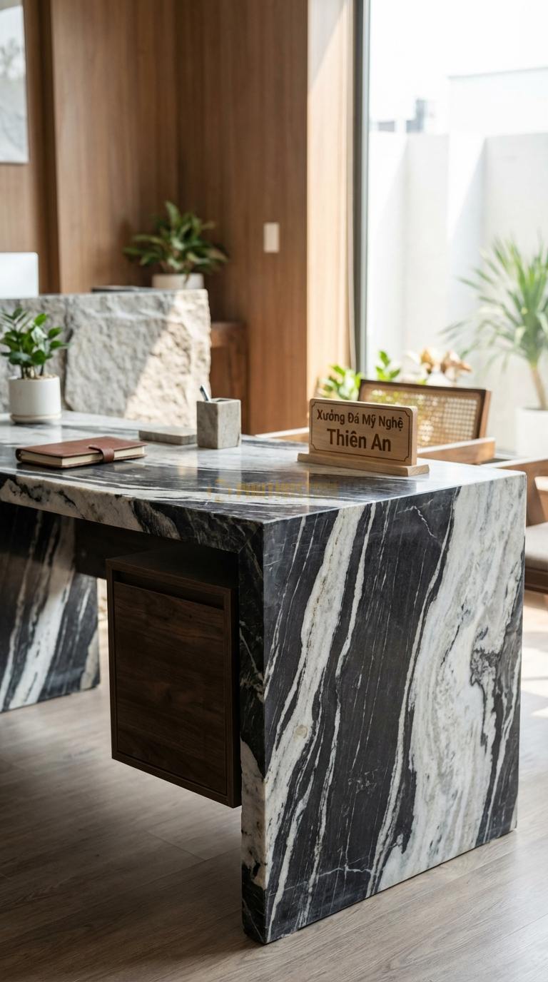 Bàn Làm Việc & Bàn Giám Đốc Bằng Đá Đá Tuyết Sơn Sáng Tạo: Mặt đá kết hợp hộc ngăn kéo gỗ treo lửng 150cm x 75cm x 75cm