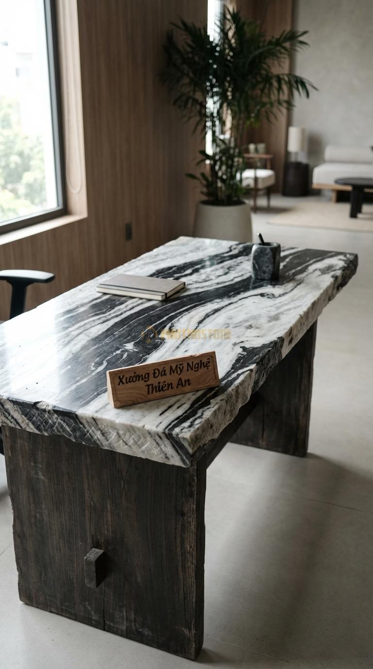 Bàn Làm Việc & Bàn Giám Đốc Bằng Đá Đá Tuyết Sơn Tĩnh Lặng: Bàn làm việc tối giản, mặt đá đen nhám chân gỗ 140cm x 70cm x 75cm