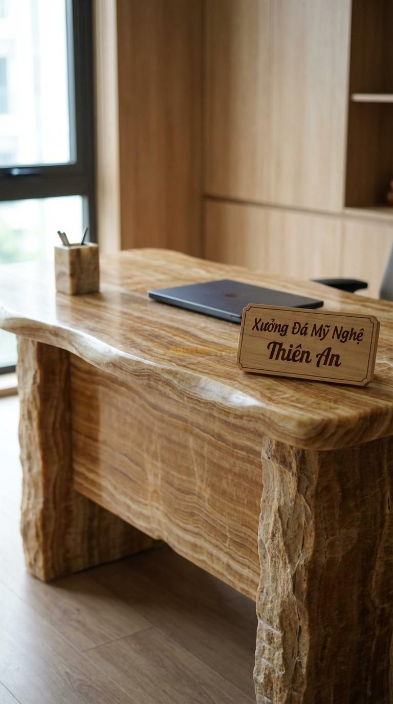 Bàn Làm Việc & Bàn Giám Đốc Bằng Đá Đá Vân Gỗ Art Desk: Mặt đá cắt theo hình khối nghệ thuật không đối xứng 130cm x 65cm x 75cm