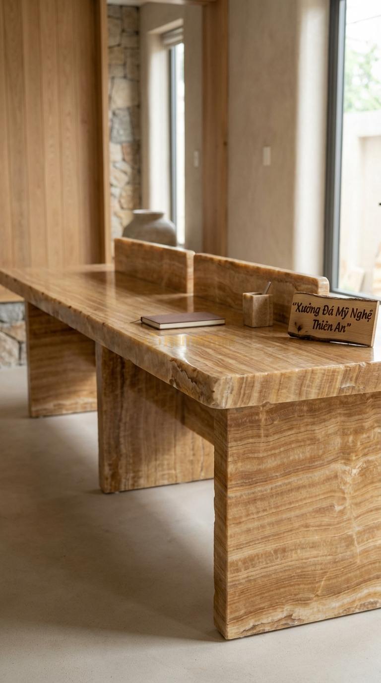 Bàn Làm Việc & Bàn Giám Đốc Bằng Đá Đá Vân Gỗ Bàn Làm Việc Đôi: Mặt đá dài cho 2 người ngồi, có vách ngăn đá 240cm x 70cm x 75cm