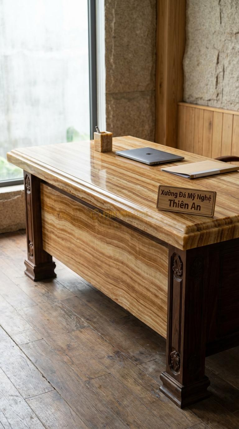 Bàn Làm Việc & Bàn Giám Đốc Bằng Đá Đá Vân Gỗ Cổ Điển: Mặt đá bo chỉ kép, chân gỗ chạm khắc thủ công 160cm x 80cm x 75cm