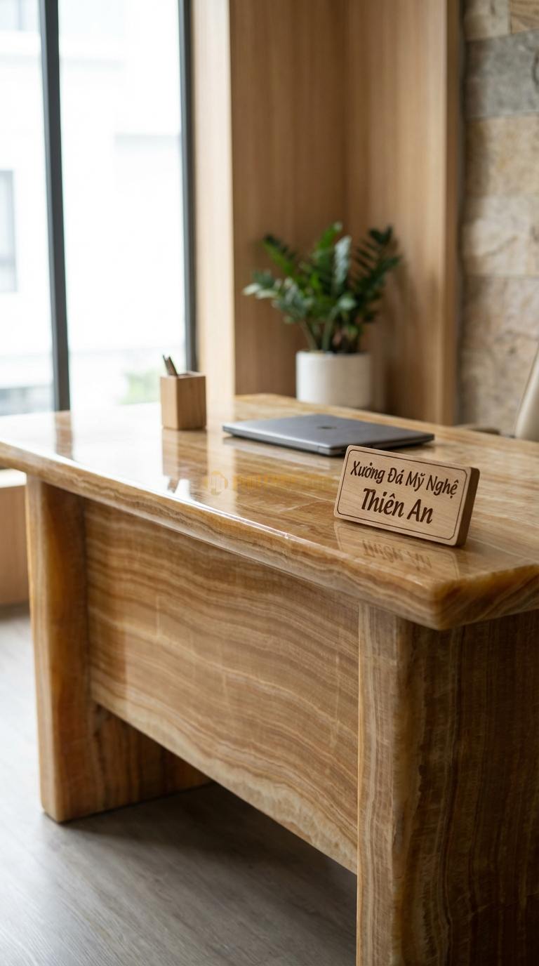 Bàn Làm Việc & Bàn Giám Đốc Bằng Đá Đá Vân Gỗ Hi-tech Desk: Mặt đá tích hợp cổng sạc ẩn và quản lý dây điện 150cm x 75cm x 75cm