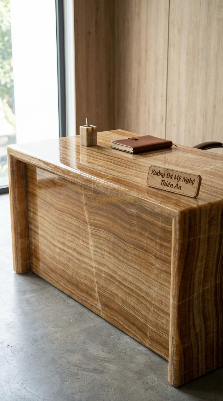 Bàn Làm Việc & Bàn Giám Đốc Bằng Đá Đá Vân Gỗ Monolith: Bàn được ghép từ các tấm đá lớn như một khối đá đặc 180cm x 80cm x 75cm