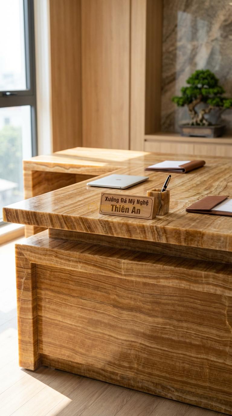 Bàn Làm Việc & Bàn Giám Đốc Bằng Đá Đá Vân Gỗ Quyền Lực: Bàn giám đốc chữ L, mặt đá dày che kín mặt trước 200cm x 160cm x 76cm