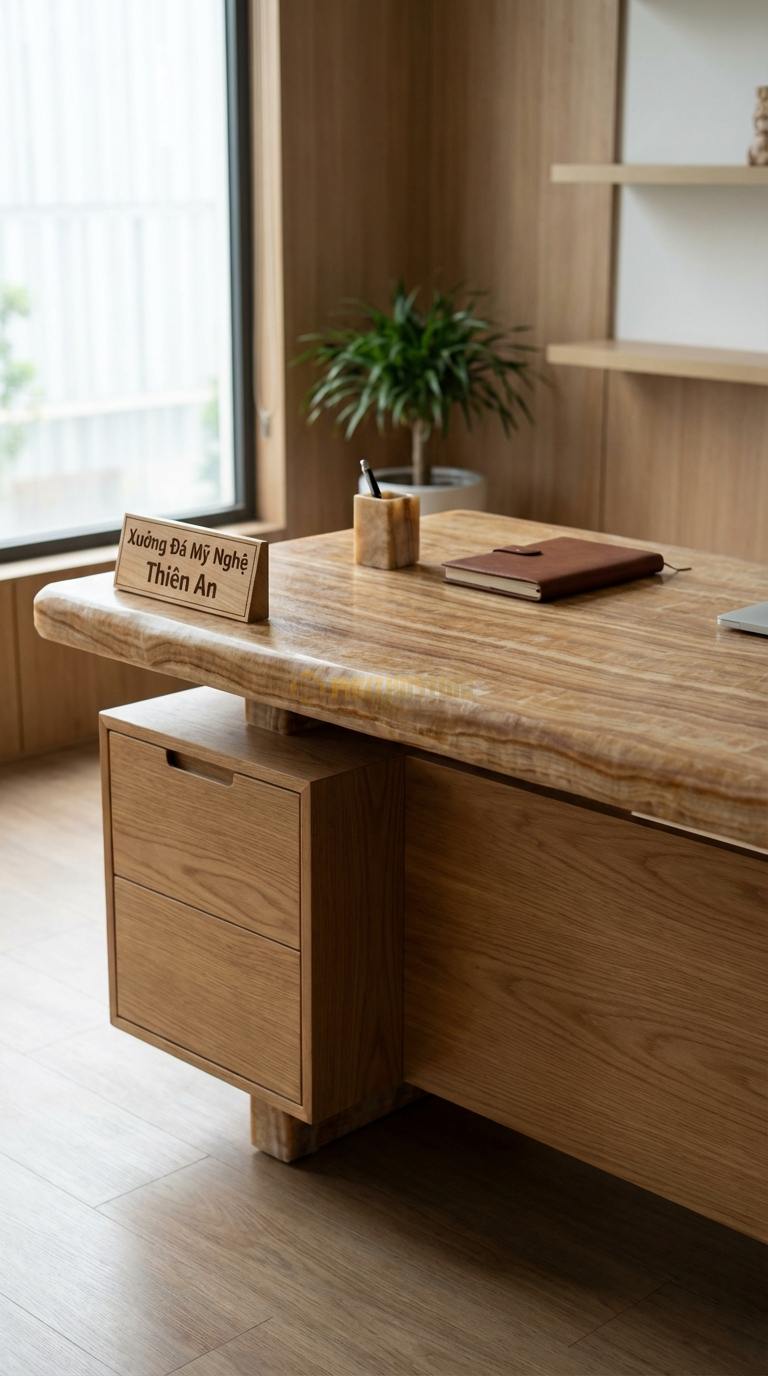 Bàn Làm Việc & Bàn Giám Đốc Bằng Đá Đá Vân Gỗ Sáng Tạo: Mặt đá kết hợp hộc ngăn kéo gỗ treo lửng 150cm x 75cm x 75cm