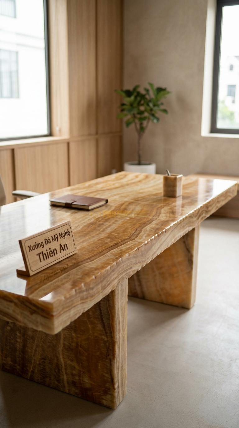 Bàn Làm Việc & Bàn Giám Đốc Bằng Đá Đá Vân Gỗ Tĩnh Lặng: Bàn làm việc tối giản, mặt đá đen nhám chân gỗ 140cm x 70cm x 75cm