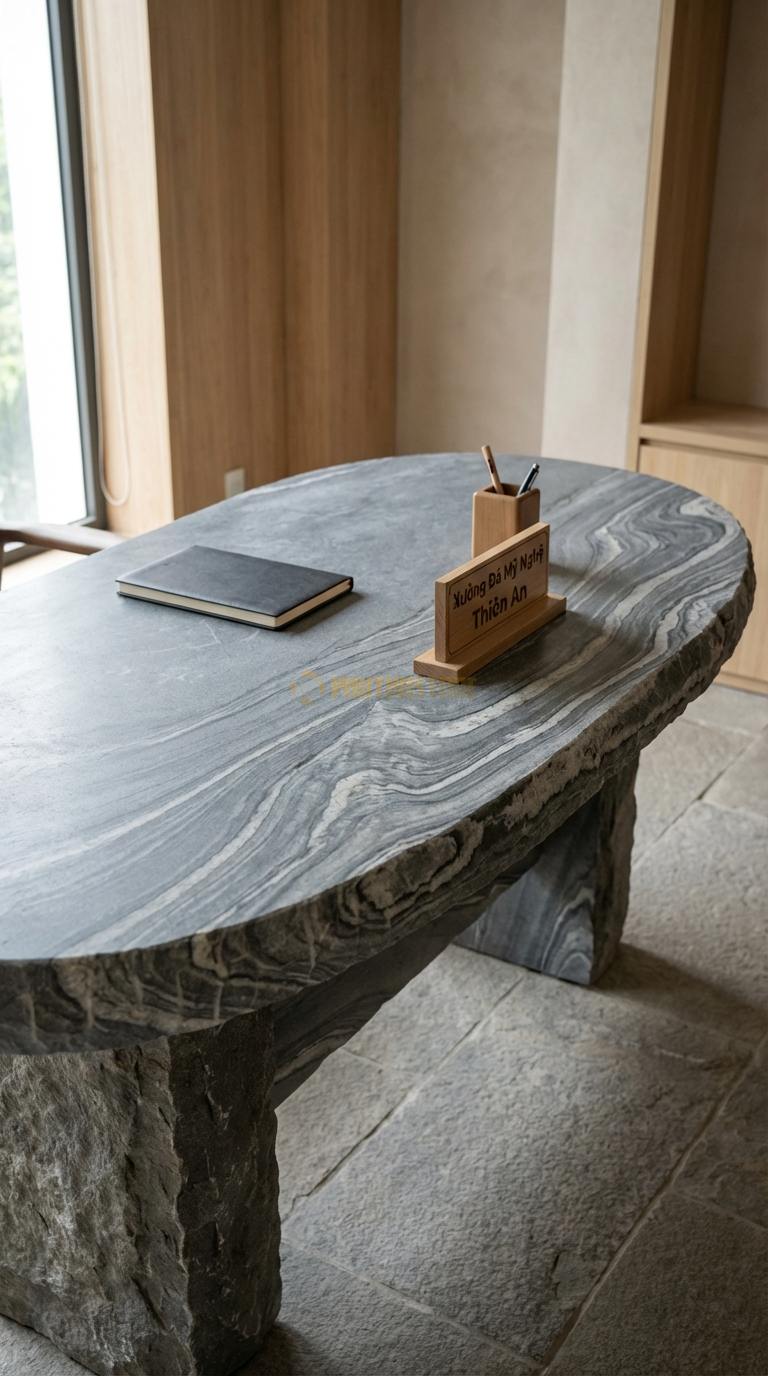 Bàn Làm Việc & Bàn Giám Đốc Bằng Đá Đá Vân Mây Bàn Ký: Mặt đá oval nhỏ gọn cho phòng tiếp khách 120cm x 60cm x 75cm