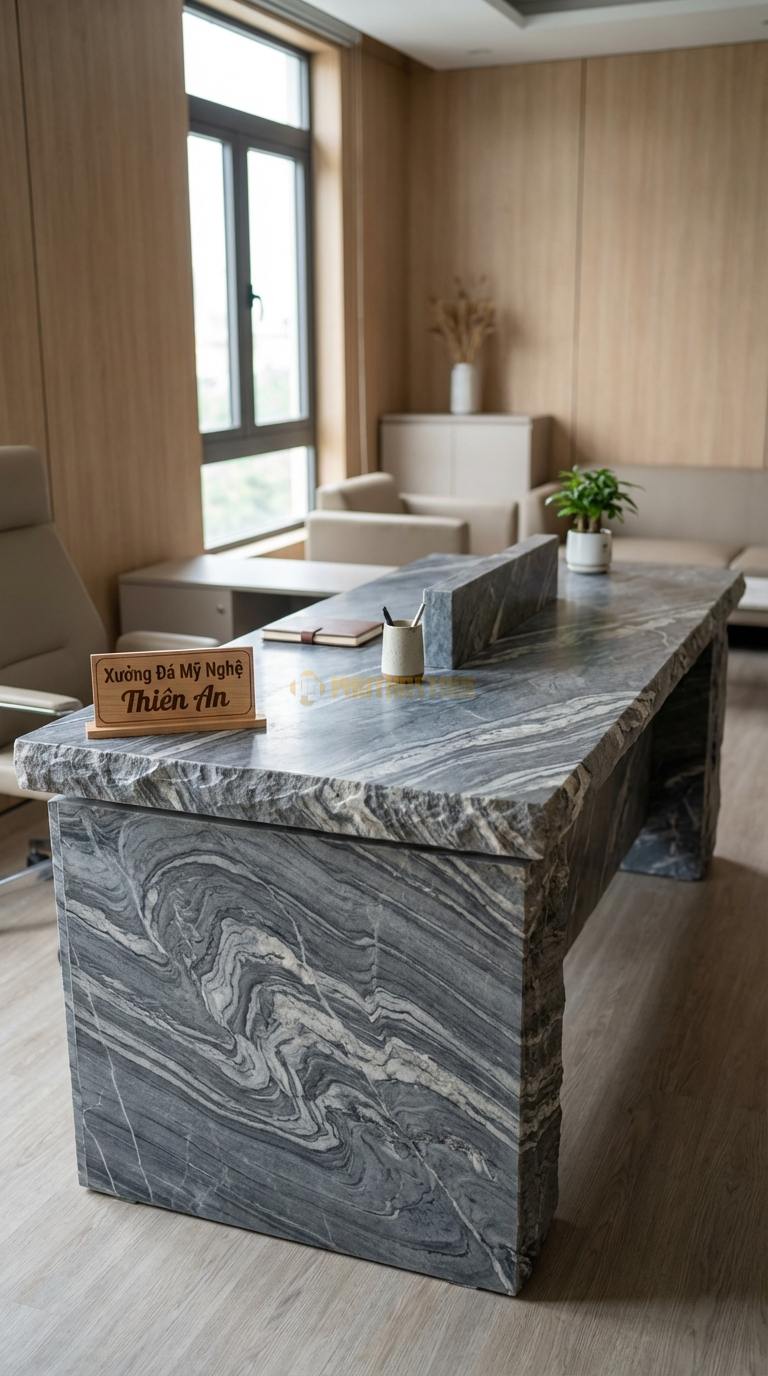 Bàn Làm Việc & Bàn Giám Đốc Bằng Đá Đá Vân Mây Bàn Làm Việc Đôi: Mặt đá dài cho 2 người ngồi, có vách ngăn đá 240cm x 70cm x 75cm