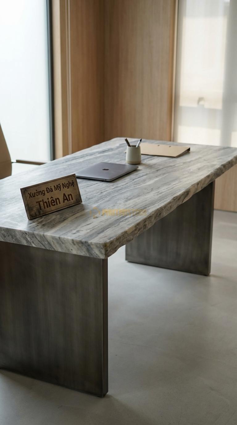 Bàn Làm Việc & Bàn Giám Đốc Bằng Đá Đá Vân Mây Lãnh Đạo: Mặt đá vuông vức, chân kim loại bản lớn chắc chắn 180cm x 85cm x 76cm