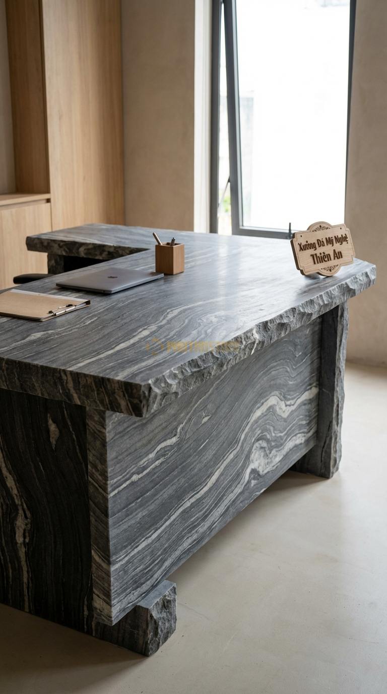 Bàn Làm Việc & Bàn Giám Đốc Bằng Đá Đá Vân Mây Quyền Lực: Bàn giám đốc chữ L, mặt đá dày che kín mặt trước 200cm x 160cm x 76cm