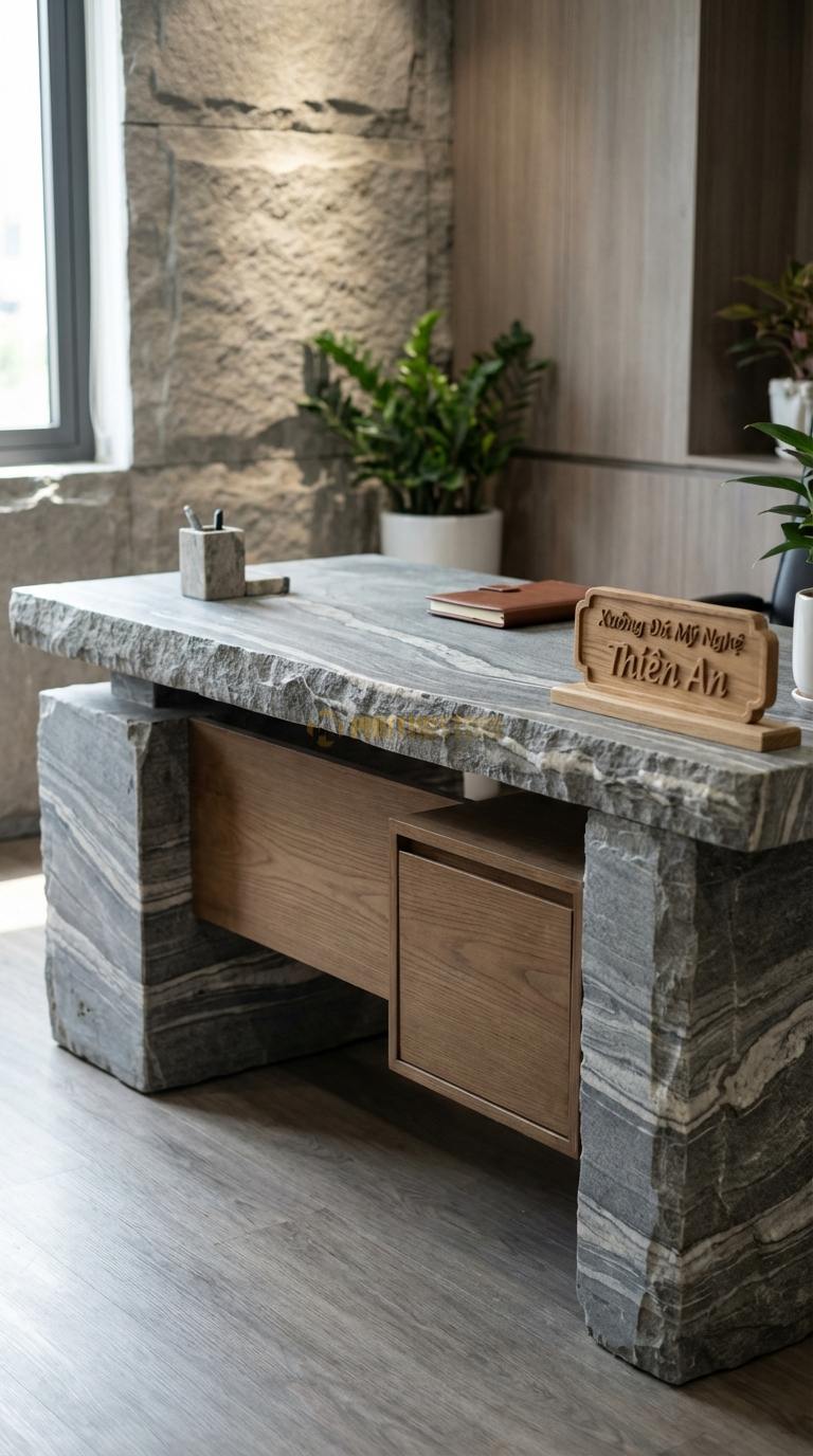 Bàn Làm Việc & Bàn Giám Đốc Bằng Đá Đá Vân Mây Sáng Tạo: Mặt đá kết hợp hộc ngăn kéo gỗ treo lửng 150cm x 75cm x 75cm