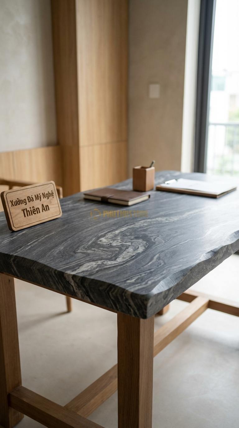 Bàn Làm Việc & Bàn Giám Đốc Bằng Đá Đá Vân Mây Tĩnh Lặng: Bàn làm việc tối giản, mặt đá đen nhám chân gỗ 140cm x 70cm x 75cm