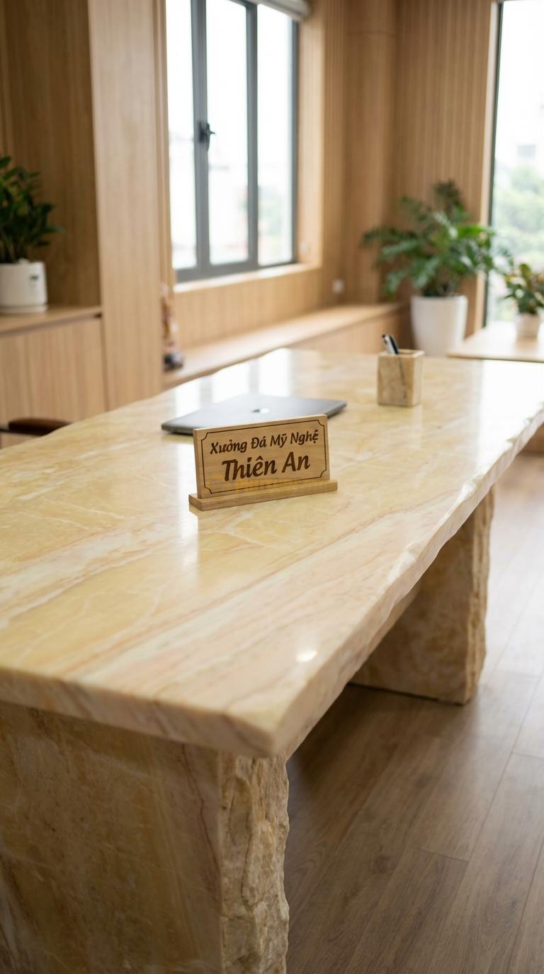 Bàn Làm Việc & Bàn Giám Đốc Bằng Đá Đá Vàng Nghệ An Bàn Làm Việc Đôi: Mặt đá dài cho 2 người ngồi, có vách ngăn đá 240cm x 70cm x 75cm