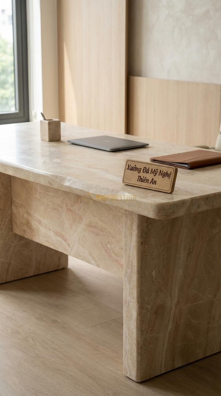 Bàn Làm Việc & Bàn Giám Đốc Bằng Đá Đá Vàng Nghệ An Hi-tech Desk: Mặt đá tích hợp cổng sạc ẩn và quản lý dây điện 150cm x 75cm x 75cm