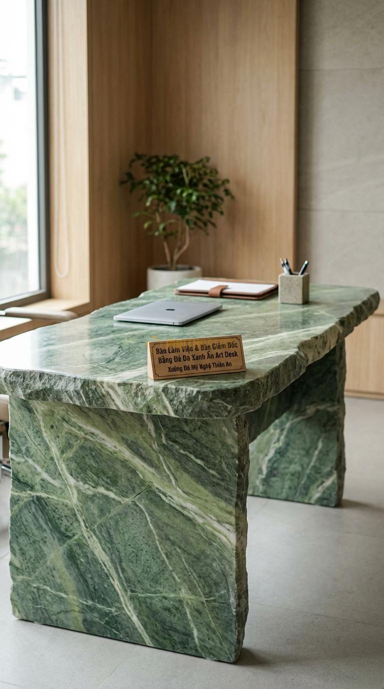 Bàn Làm Việc & Bàn Giám Đốc Bằng Đá Đá Xanh Ấn Art Desk: Mặt đá cắt theo hình khối nghệ thuật không đối xứng 130cm x 65cm x 75cm