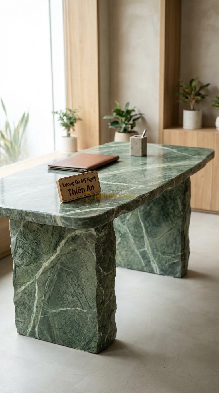 Bàn Làm Việc & Bàn Giám Đốc Bằng Đá Đá Xanh Ấn Bàn Ký: Mặt đá oval nhỏ gọn cho phòng tiếp khách 120cm x 60cm x 75cm