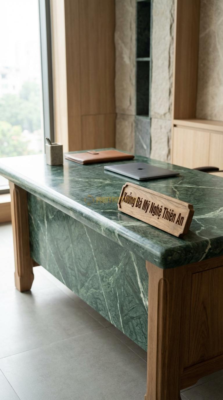 Bàn Làm Việc & Bàn Giám Đốc Bằng Đá Đá Xanh Ấn Cổ Điển: Mặt đá bo chỉ kép, chân gỗ chạm khắc thủ công 160cm x 80cm x 75cm