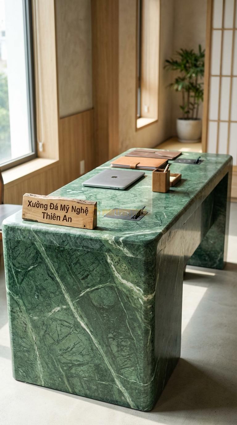 Bàn Làm Việc & Bàn Giám Đốc Bằng Đá Đá Xanh Ấn Hi-tech Desk: Mặt đá tích hợp cổng sạc ẩn và quản lý dây điện 150cm x 75cm x 75cm