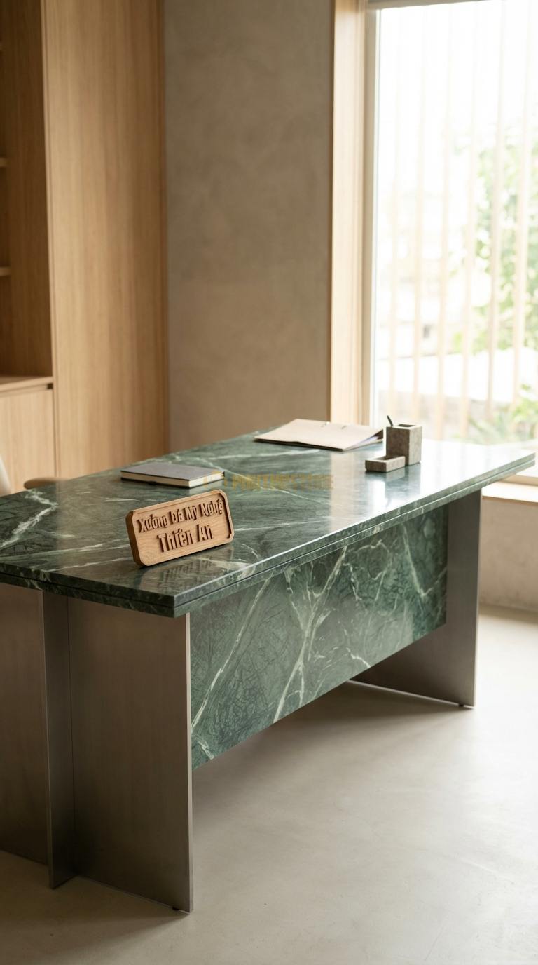 Bàn Làm Việc & Bàn Giám Đốc Bằng Đá Đá Xanh Ấn Lãnh Đạo: Mặt đá vuông vức, chân kim loại bản lớn chắc chắn 180cm x 85cm x 76cm