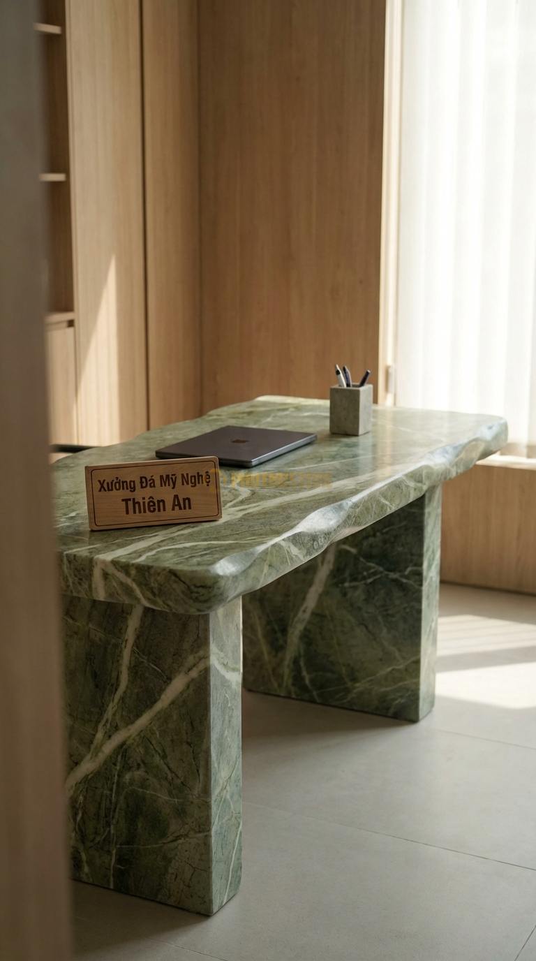 Bàn Làm Việc & Bàn Giám Đốc Bằng Đá Đá Xanh Ấn Monolith: Bàn được ghép từ các tấm đá lớn như một khối đá đặc 180cm x 80cm x 75cm