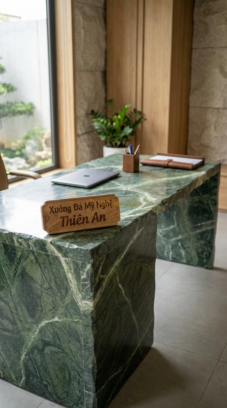Bàn Làm Việc & Bàn Giám Đốc Bằng Đá Đá Xanh Ấn Monolith: Bàn được ghép từ các tấm đá lớn như một khối đá đặc 180cm x 80cm x 75cm