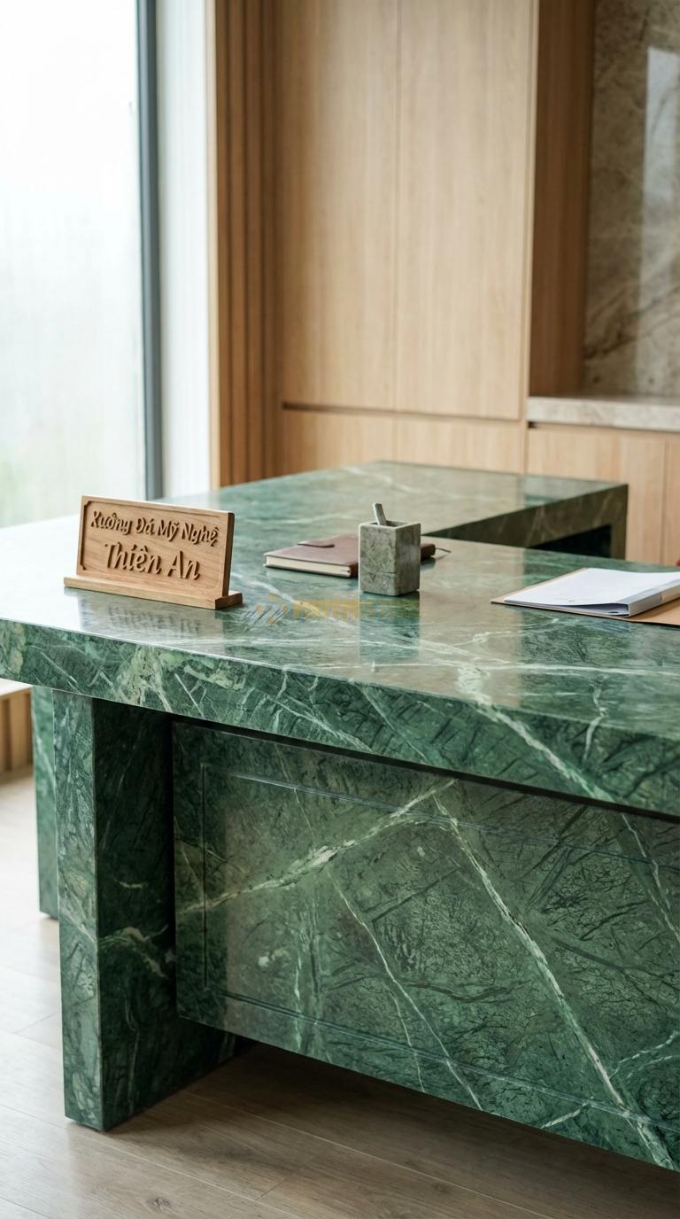 Bàn Làm Việc & Bàn Giám Đốc Bằng Đá Đá Xanh Ấn Quyền Lực: Bàn giám đốc chữ L, mặt đá dày che kín mặt trước 200cm x 160cm x 76cm