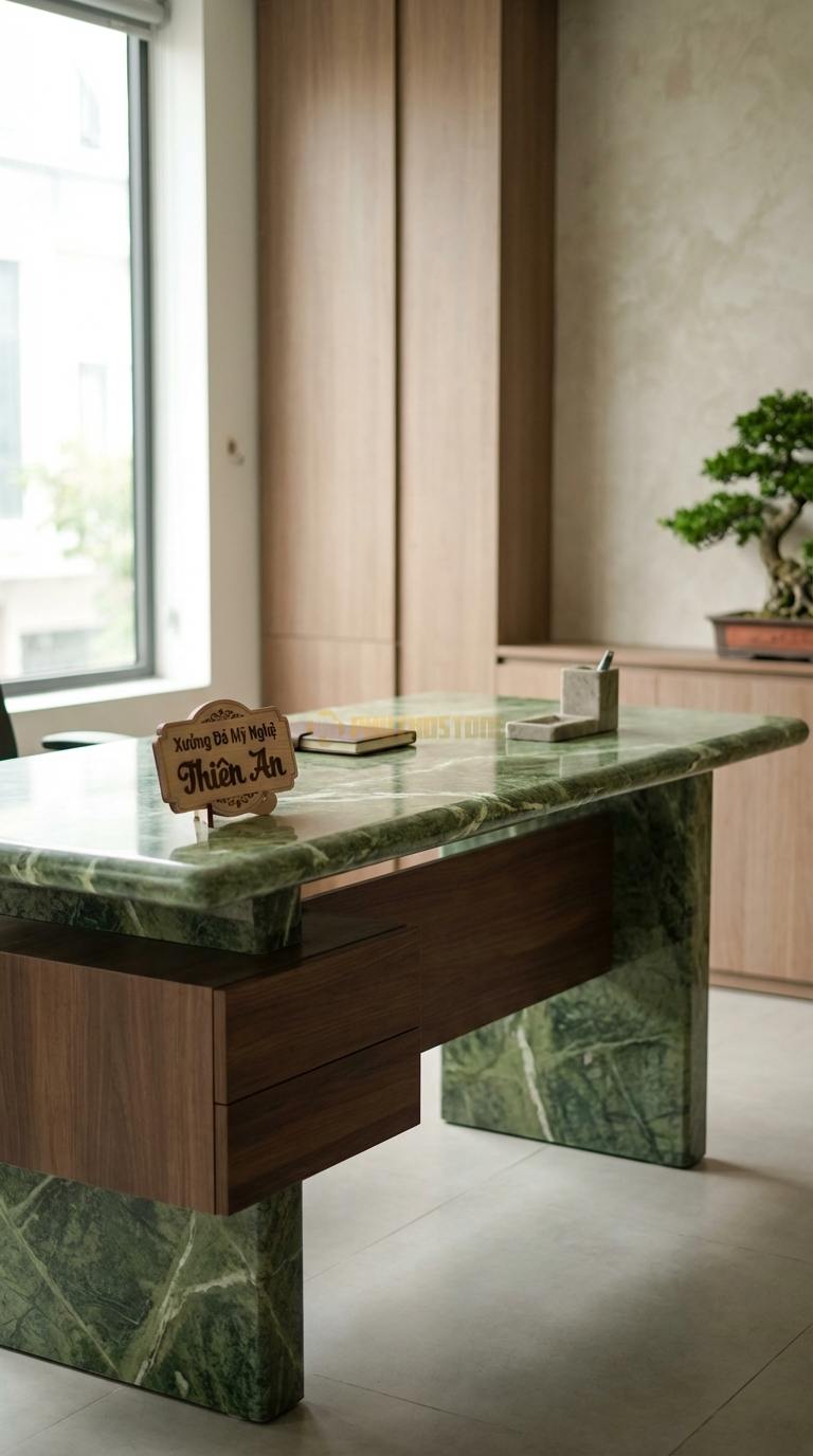 Bàn Làm Việc & Bàn Giám Đốc Bằng Đá Đá Xanh Ấn Sáng Tạo: Mặt đá kết hợp hộc ngăn kéo gỗ treo lửng 150cm x 75cm x 75cm