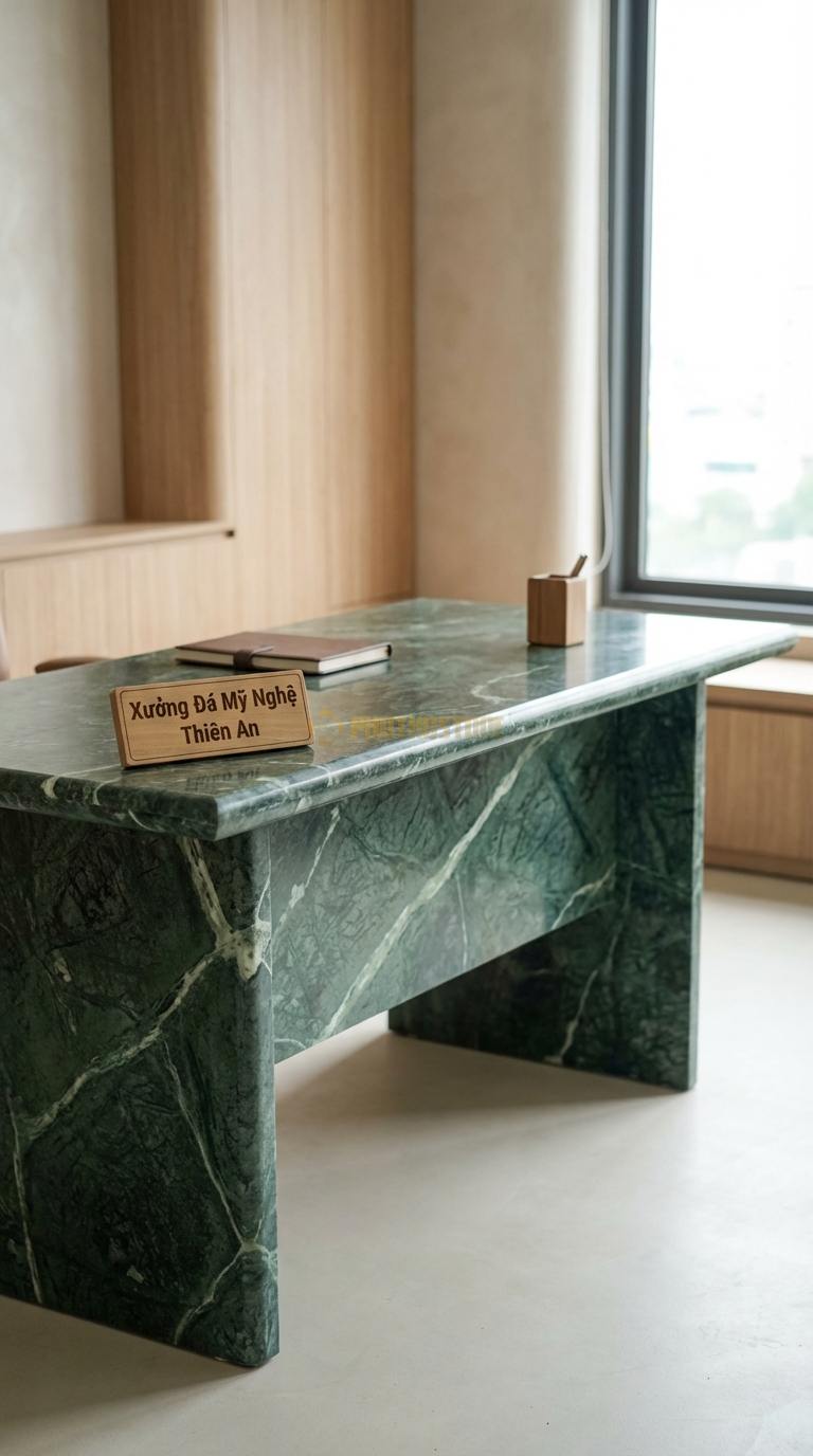 Bàn Làm Việc & Bàn Giám Đốc Bằng Đá Đá Xanh Ấn Tĩnh Lặng: Bàn làm việc tối giản, mặt đá đen nhám chân gỗ 140cm x 70cm x 75cm