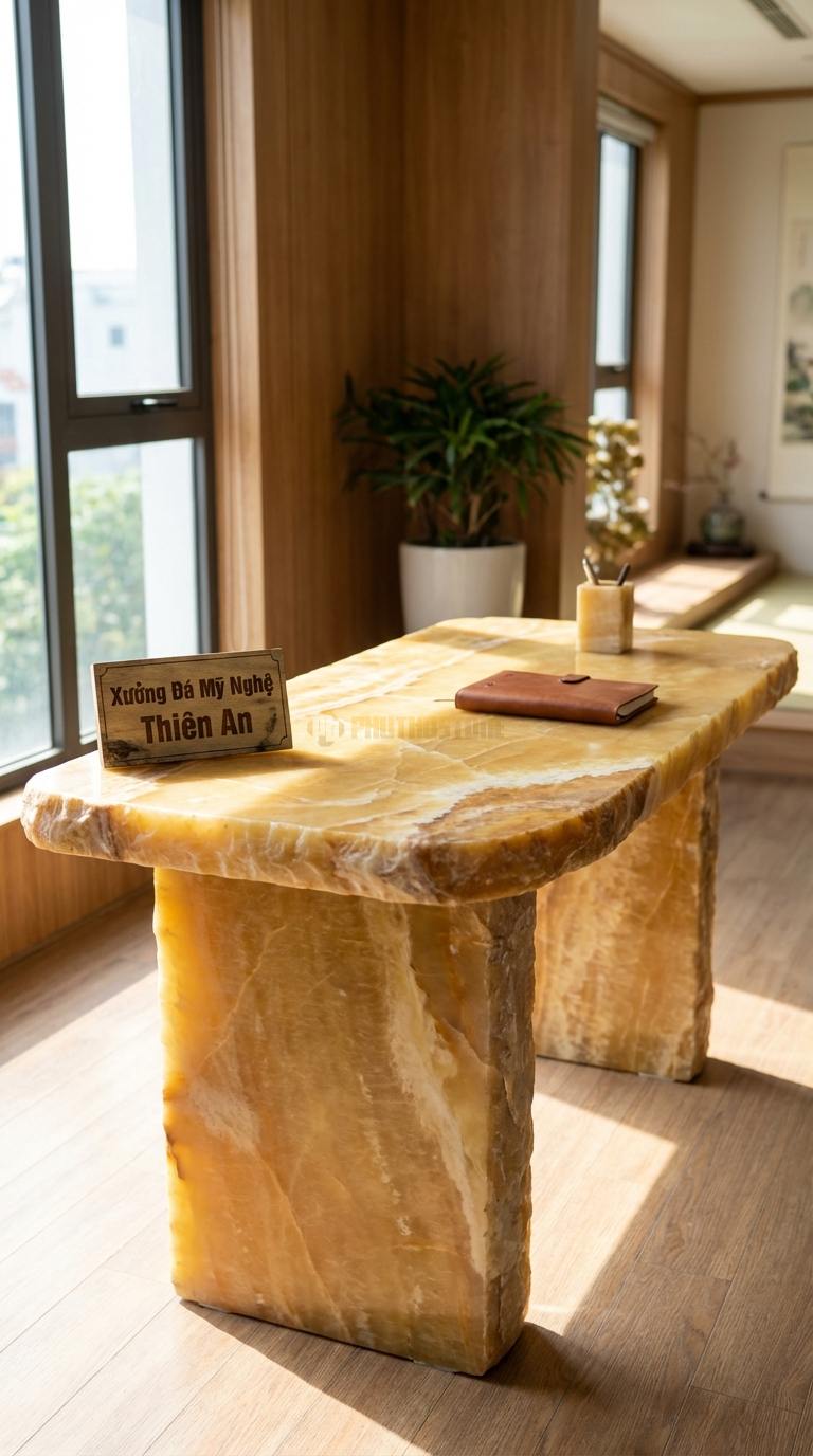 Bàn Làm Việc & Bàn Giám Đốc Bằng Đá Ngọc hoàng long Art Desk: Mặt đá cắt theo hình khối nghệ thuật không đối xứng 130cm x 65cm x 75cm