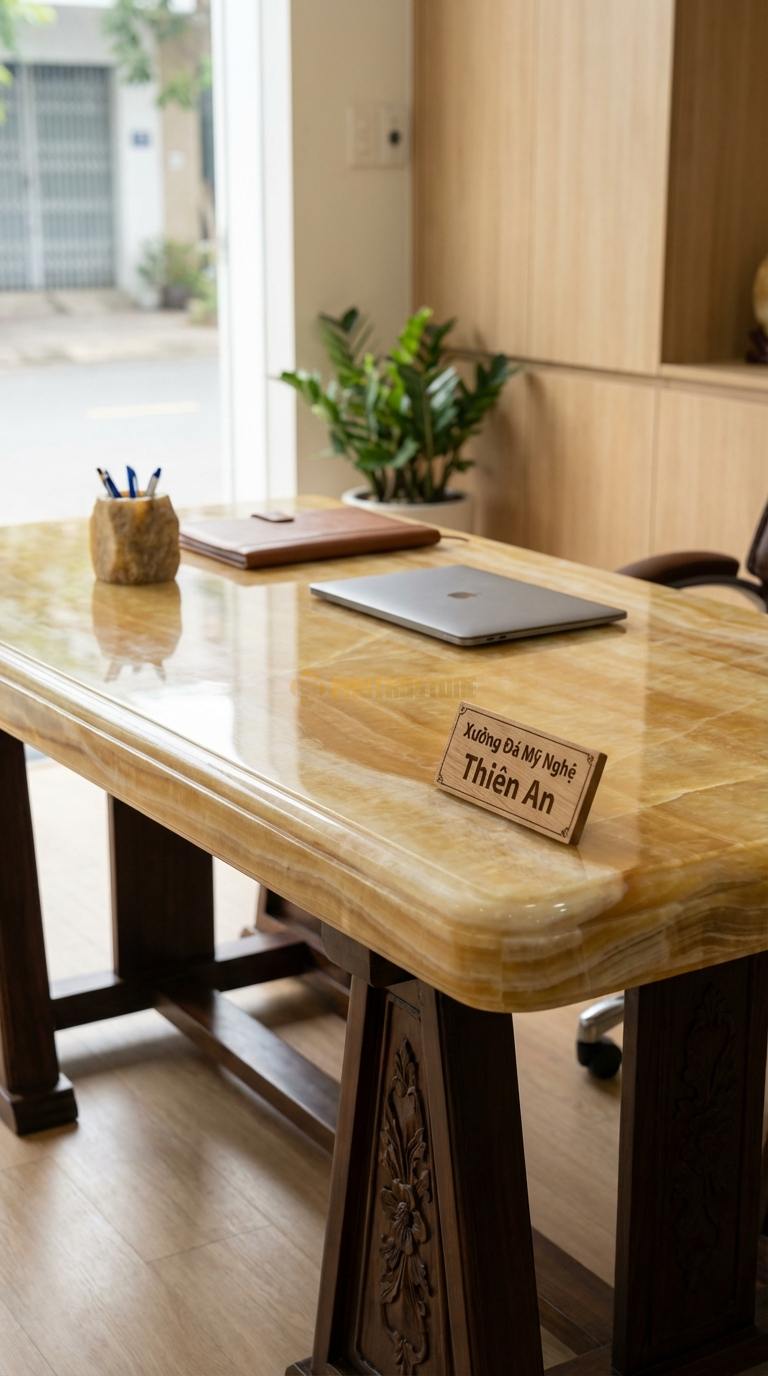 Bàn Làm Việc & Bàn Giám Đốc Bằng Đá Ngọc hoàng long Cổ Điển: Mặt đá bo chỉ kép, chân gỗ chạm khắc thủ công 160cm x 80cm x 75cm