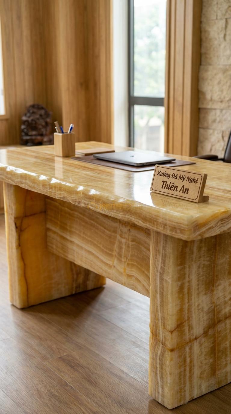 Bàn Làm Việc & Bàn Giám Đốc Bằng Đá Ngọc hoàng long Hi-tech Desk: Mặt đá tích hợp cổng sạc ẩn và quản lý dây điện 150cm x 75cm x 75cm