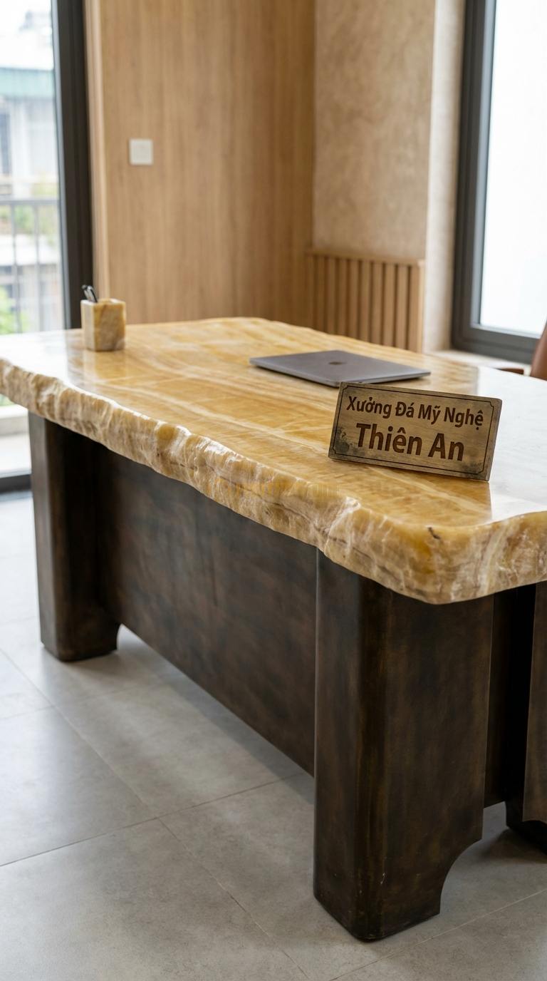 Bàn Làm Việc & Bàn Giám Đốc Bằng Đá Ngọc hoàng long Lãnh Đạo: Mặt đá vuông vức, chân kim loại bản lớn chắc chắn 180cm x 85cm x 76cm