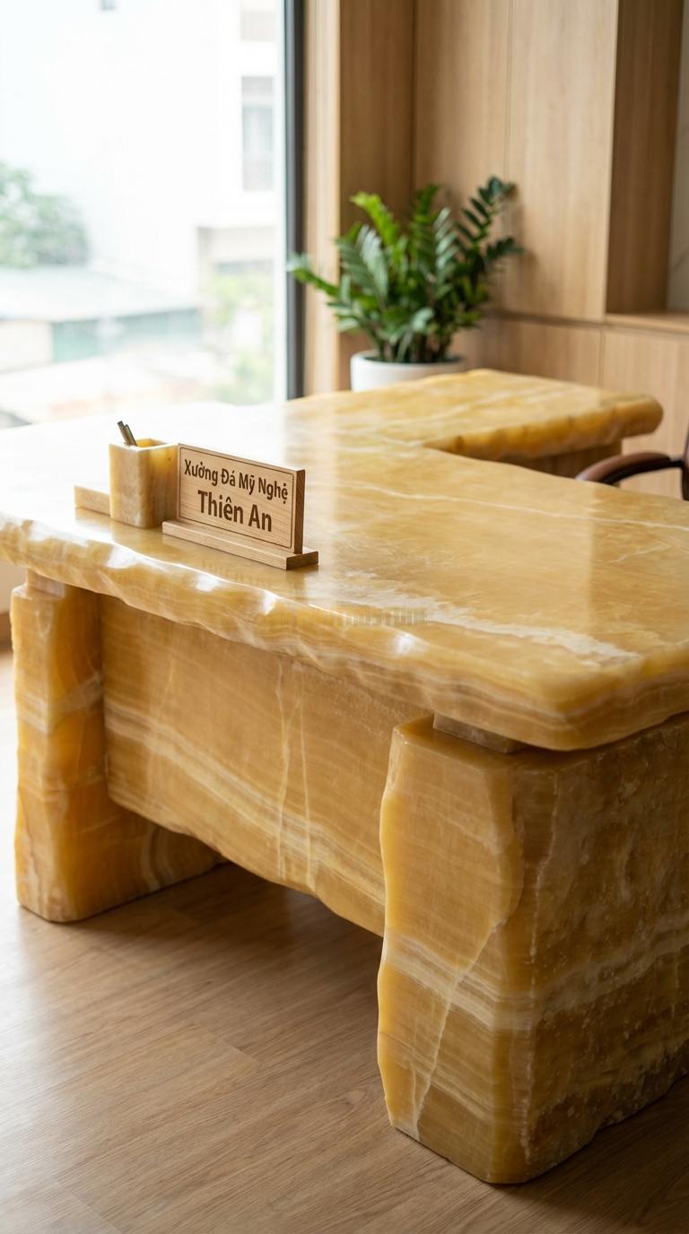 Bàn Làm Việc & Bàn Giám Đốc Bằng Đá Ngọc hoàng long Quyền Lực: Bàn giám đốc chữ L, mặt đá dày che kín mặt trước 200cm x 160cm x 76cm